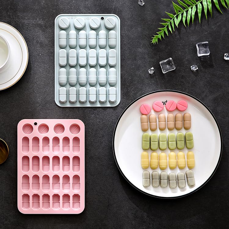 2 Pcs Silicone Molds for Pills, 28 Cavity Capsule Shaped Molds Trays for DIY Chocolate, Candy, Ice Cube, Gummy, Jello, Jelly, Cupcake Decorations, Candles, Soaps