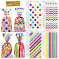 Aodaer 100 Pieces 10.6 x 5.1 In Rainbow Cellophane Bags Plastic Candy Gift Bag Cellophane Treat Bags with Twist Ties Stripes Polka Dot Printed Pattern Goodie Bag for Birthday Weddings Party Favors - color: Rainbow