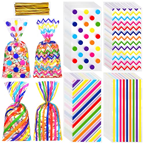 Aodaer 100 Pieces 10.6 x 5.1 In Rainbow Cellophane Bags Plastic Candy Gift Bag Cellophane Treat Bags with Twist Ties Stripes Polka Dot Printed Pattern Goodie Bag for Birthday Weddings Party Favors - color: Rainbow