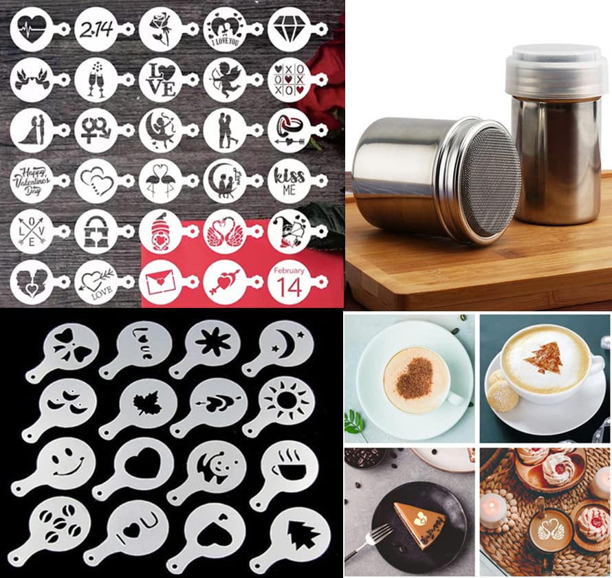 46 Coffee Stencils+2 Mesh Powder Shakers, Cake Baking Templates Coffee Decoration Stencils Coffee Art Template Coffee Mold Tool for Christmas Thanksgiving Cake Coffee Cappuccino - size: 46 Coffee Stencils + 2 Powder Shakers