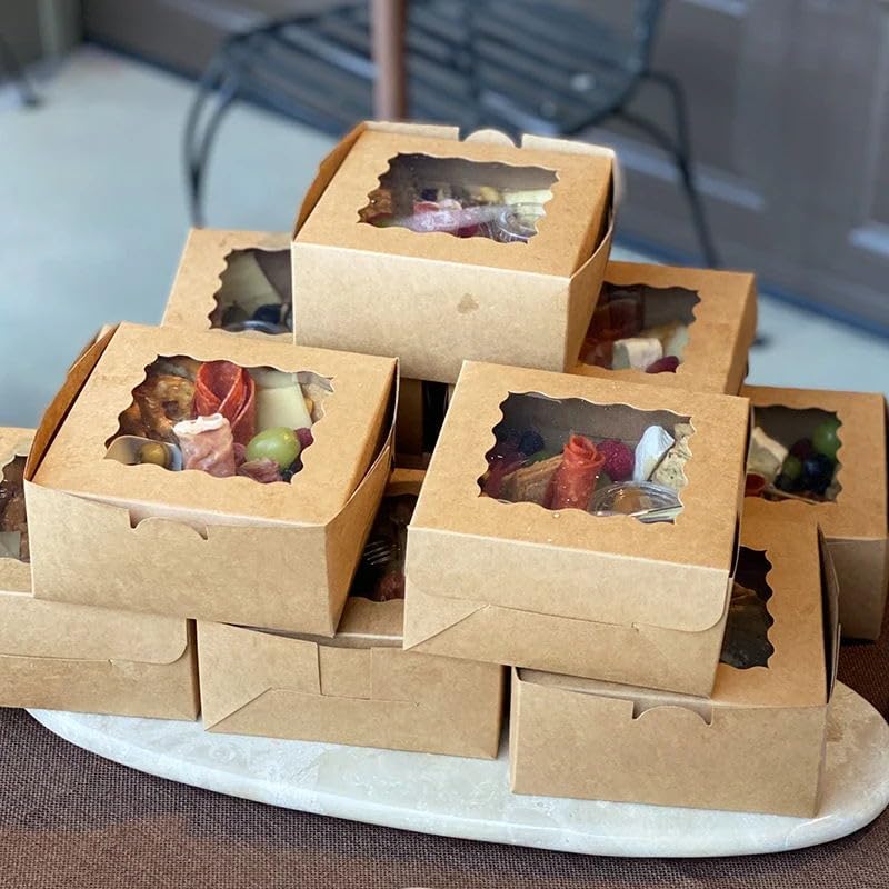 JIYIXHylera 48Pcs 6x6x3 Inch Brown Kraft Bakery Boxes with Clear Window, Small Cake Cookie Pastry Treat Boxes for Dessert Cupcakes Pies Chocolates Party Favors