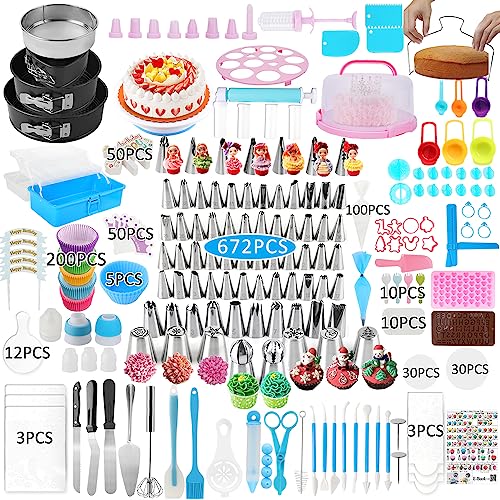 Cake Decorating Kit, 672 Pcs Cake Decorating Supplies Stand With Cake Carrier Holder Springform Pan Sets 3-Layer Toolbox Organizer Icing Piping Nozzles Cake Rotating Turntabl Baking Supplies Set Tools - size: 672 PCS