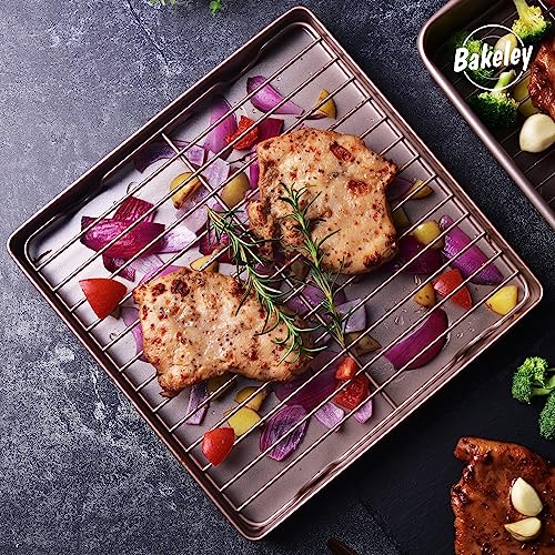 Roasting Pan with Rack, 11-Inch Non-Stick Square Shallow Dish Sheet Pan with Wire Rack for Oven Baking, BBQ and Roasting 11.2" x 11.2" x 1.3" (Champagne Gold) - size: 11 Inch