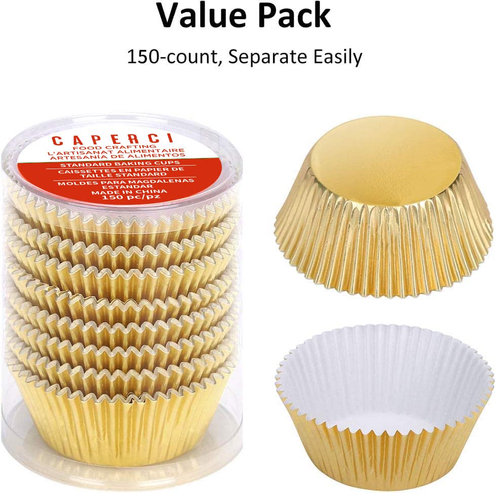 Caperci Standard Cupcake Liners Gold Foil Muffin Baking Cups 150-Pack - Premium Greaseproof & Sturdy Cupcake Papers - color: Gold Foil