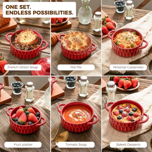 Mini Cocotte Set of 4, 14 oz Ceramic Casserole Dishes with Lids - color: Cherry Red