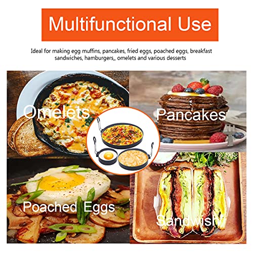 Stainless Steel Egg Cooker Set - 8" Omelette Ring, 6" Pancake Ring, 4" Griddle Egg Ring - Non-stick, Upgrade Large 3 Packs Egg Cooking Rings with Oil Brush & Egg Separator - color: Black 3 pcs of 8" 6" 4“ with accessories