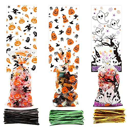 LOMIMOS 150PCS Halloween Cellophane Candy Bags, Clear Plastic Treat bags with 300PCS Twist Ties for Snacks cookies Gift Supplies - size: 4.9x10.8 Inch (Pack of 150)