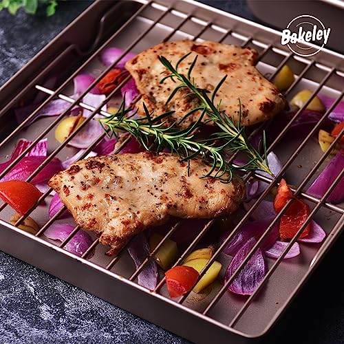 Roasting Pan with Rack, 11-Inch Non-Stick Square Shallow Dish Sheet Pan with Wire Rack for Oven Baking, BBQ and Roasting 11.2" x 11.2" x 1.3" (Champagne Gold) - size: 11 Inch