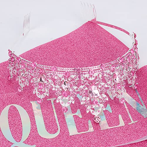 "BIRTHDAY QUEEN" Sash and Tiara for Women Crystal Tiara and Satin Kit for Girl Rhinestones Crown with Comb Glitter Hair Accessories for Prom Party Decoration Cake Topper Accessory Set with Pin - color: Pink Tiara+pink Sash