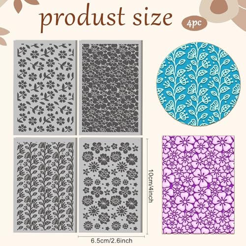 4 Sheets Simple Flowers Clay Texture Mat Artistic Patterns Polymer Clay Texture Sheets DIY Tools for Pottery Earring Jewelry Making Stamp Engraving Machines, 3.9x2.6inch
