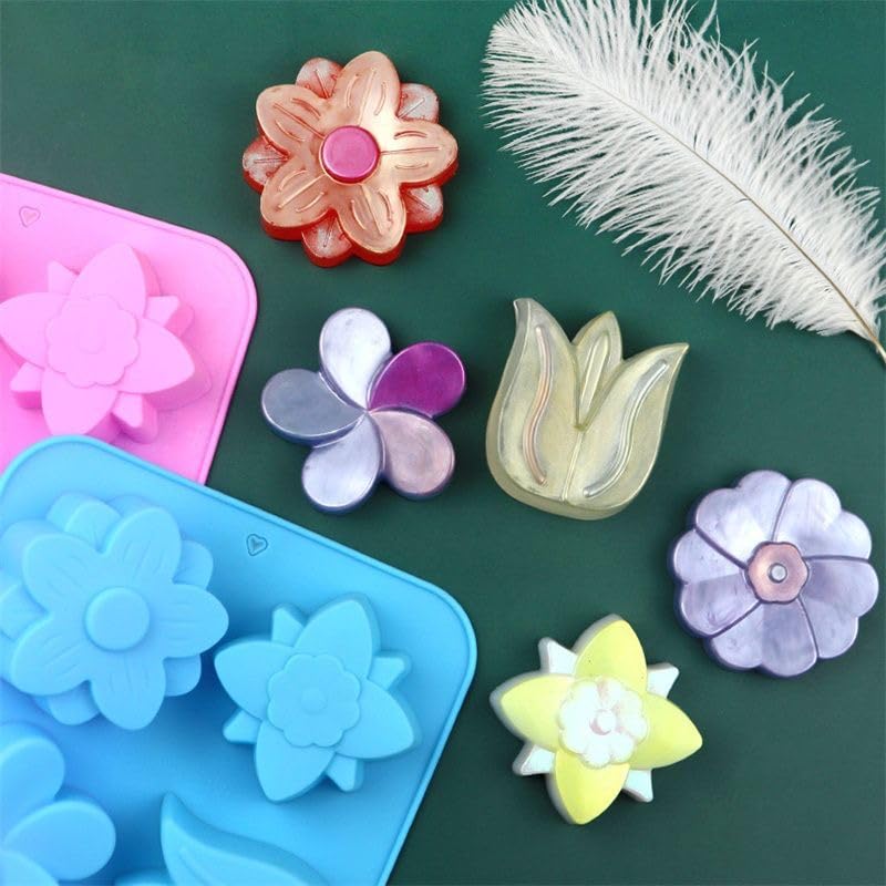 Flowers Silicone Soap Molds 2 Pack 6 Different Cavities Flower Shapes Mold for Handmade Soap Making Bath Bombs Lotion Bar Candle Cake Chocolate Desserts (6 Different Cavities Flower) - color: Pink