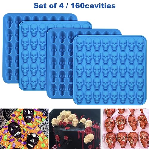 Sidosir 4Pcs Gummy Skull Chocolate Molds, Gummy Skull Candy Molds, Non-stick Silicone Candy Molds with 2 Droppers