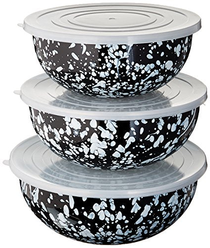 Golden Rabbit Enamelware Nested Mixing Bowls with Lids, Set of 3, Black Swirl - color: Black Swirl