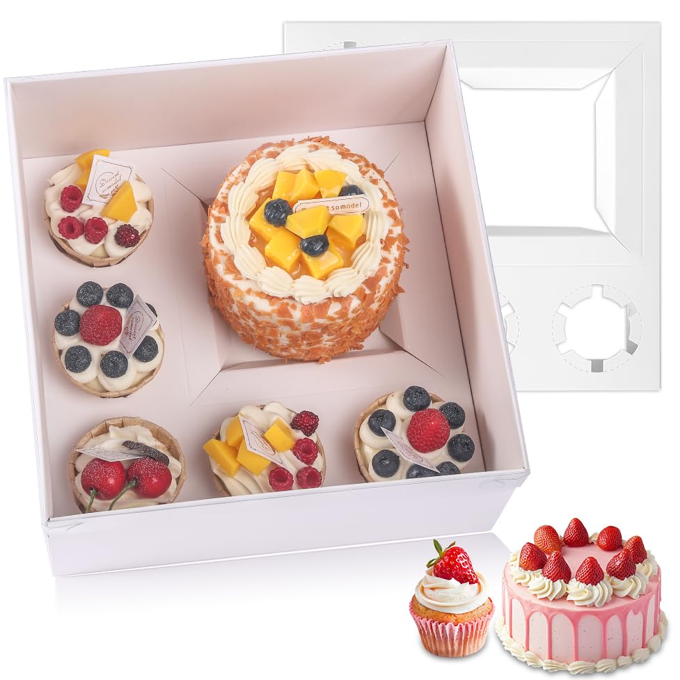 5 Packs Bento Cake and Cupcake Box 6 Holes Fit 5 Cupcakes and 1 Mini Cake Box with Clear Window and Stickers for Father ‘s Day Birthday Party Bakery Baking Supplies.((White, 1+5(5 Pack)) - size: 1+5(5 Pack)