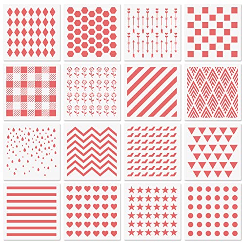 6x6in Cookie Stencils for Royal Icing Cookies Sugar Cookie, 16 Pcs Reusable Plastic Biscuit Cake Stencils with Checkered Buffalo Plaid Star Dots Shape for Airbrush Baking Craft Drawing DIY Art Decor - style: Line Style 1