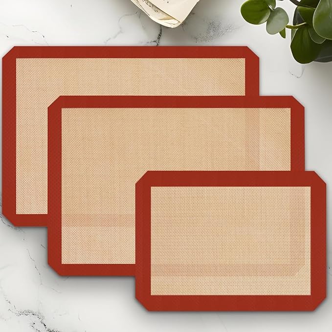 Pack of 3 Basics Silicone, Non-Stick, Food Safe Baking Mat, Rectangular, Cookies, Macaroons, Bread(Red 0.4mm) - color: Red1