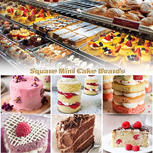 MNKNENG 200 Count Mini Cake Boards Square Gold Mousse Cake Base Square Cakes Boards 3.5 Inch Golden Cakes Board for Mousse Cupcake Dessert Displaying
