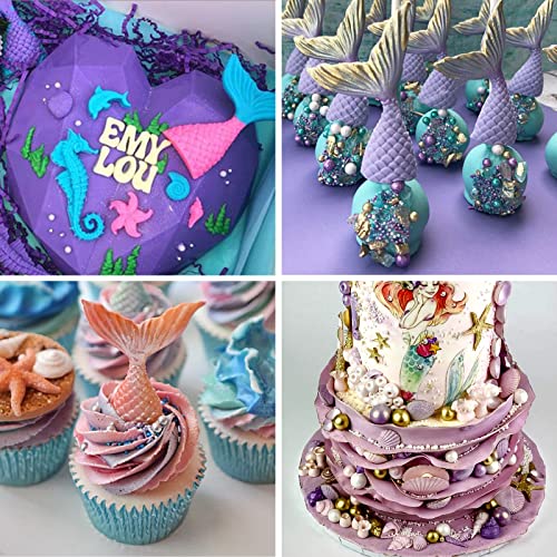 SAKOLLA Mermaid Theme Cake Fondant Mold - Seahorse Seashell Starfish Mermaid Tail Silicone Mold for Cake Decoration, Chocolate, Candy, Polymer Clay, Cupcake Decor, Sugar Craft - color: Marine Theme 3 Pcs/White
