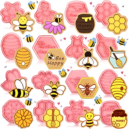 Hoolerry 16 Pcs Bee Cookie Cutters with Plunger Stamps Set