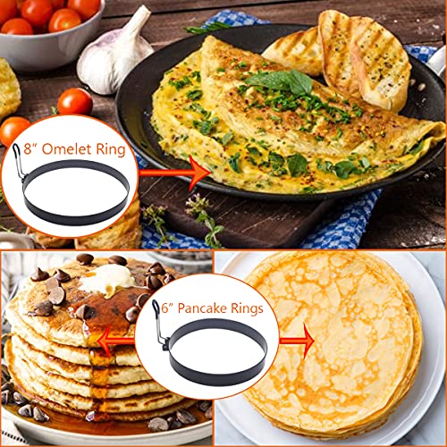 Stainless Steel Egg Cooker Set - 8" Omelette Ring, 6" Pancake Ring, 4" Griddle Egg Ring - Non-stick, Upgrade Large 3 Packs Egg Cooking Rings with Oil Brush & Egg Separator - color: Black 3 pcs of 8" 6" 4“ with accessories