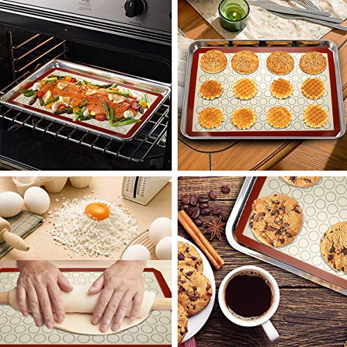 Wildone Baking Sheet with Silicone Mat Set, Set of 4 (2 Sheets + 2 Mats), Wildone Stainless Steel Cookie Sheet Baking Pan with Silicone Mat, Size 12 x 10 x 1 inch, Non Toxic & Heavy Duty & Easy Clean - size: 12 x 10 x 1 inch