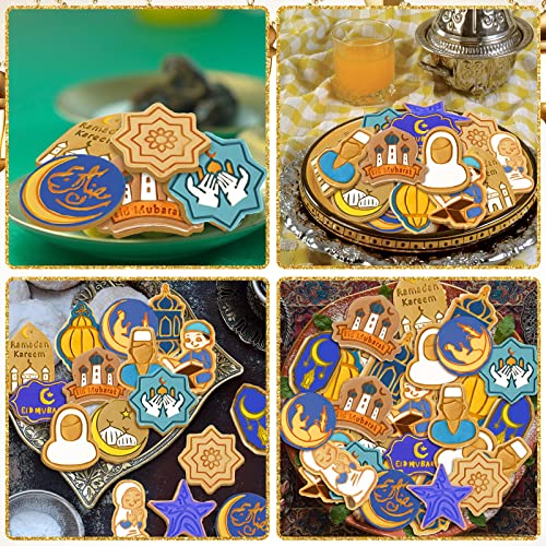 16 Pieces Eid Mubarak Cookie Cutters with Plunger Stamps Set Ramadan Islamic Muslim Biscuit Mold Star Lantern Moon 3D Cookie Stamper Mini Ramadan Plastic DIY Tools for Baking Fondant Supplies