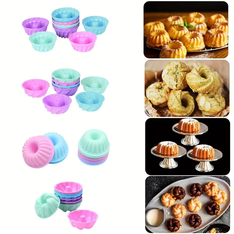 Tongjude 48 Pieces Silicone Donut Mold, 3.15" Diameter 1.37" Deep Small Reusable Baking Cups, Non-Stick, 4 Shape Silicone Molds, Heat Resistant Bakeware for Bagel, Muffin, Jello and Cake Baking - size: Small 4 Shape