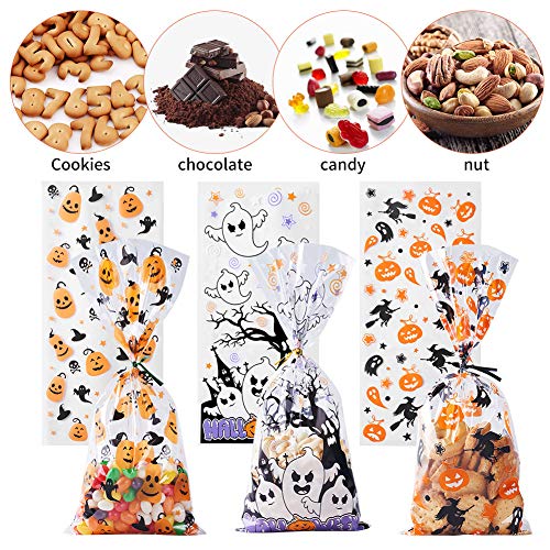 CCINEE Halloween Cellophane Treat Bags, 150pcs Halloween Plastic Clear Candy Bags with 300pcs Twists for Snacks Cookies Packing - color: Halloween-150pcs