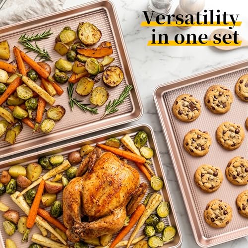 3-Piece Nonstick Baking Sheet Set, Cookie Sheet Pans in 3 Sizes, 0.8mm Thick Heavy Duty Carbon Steel Baking Trays, Easy to Clean for Cookies, Roasting & Baking, Champagne Gold - color: Gold