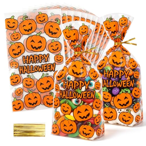 NPLUX 100 Pack Halloween Treat Bags,Twist Ties,Pumpkin Face,6x10x2.4 in - color: Halloween02