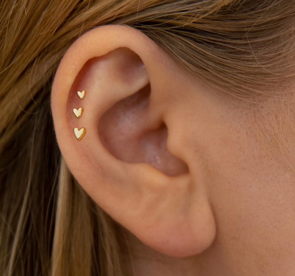 20G/18G/16G Titanium Flat Back Earrings, Threadless Nose Stud Tiny Stud Earrings, Cartilage Tragus Piercing Jewelry Conch Helix Stud - color: Heart (gold 3pcs), size: 16ga(1.2mm)