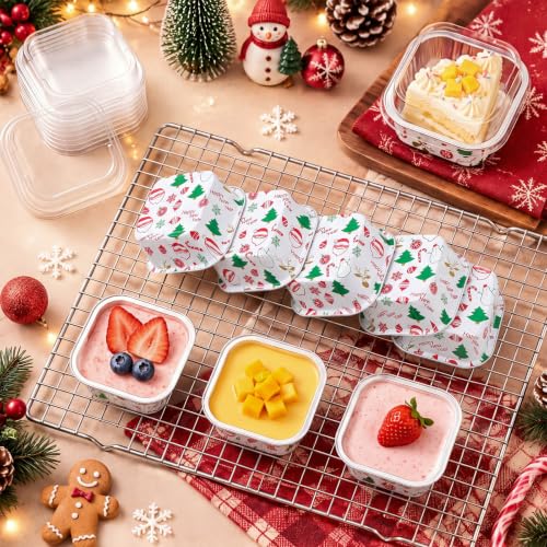 Skylety 100 Pcs 5oz Mini Square Cake Pans with Lids, Christmas Ornaments - color: Christmas Ornaments