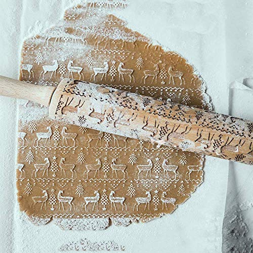 Christmas Embossed Rolling Pin for Baking Cookies Embossing Rolling Pins with Design Wooden Engraved Springerle Roller Pin Animal Dough Patterned Clay Pottery Ceramic Bakers Women (Reindeer & Tree) - color: Christmas Reindeer