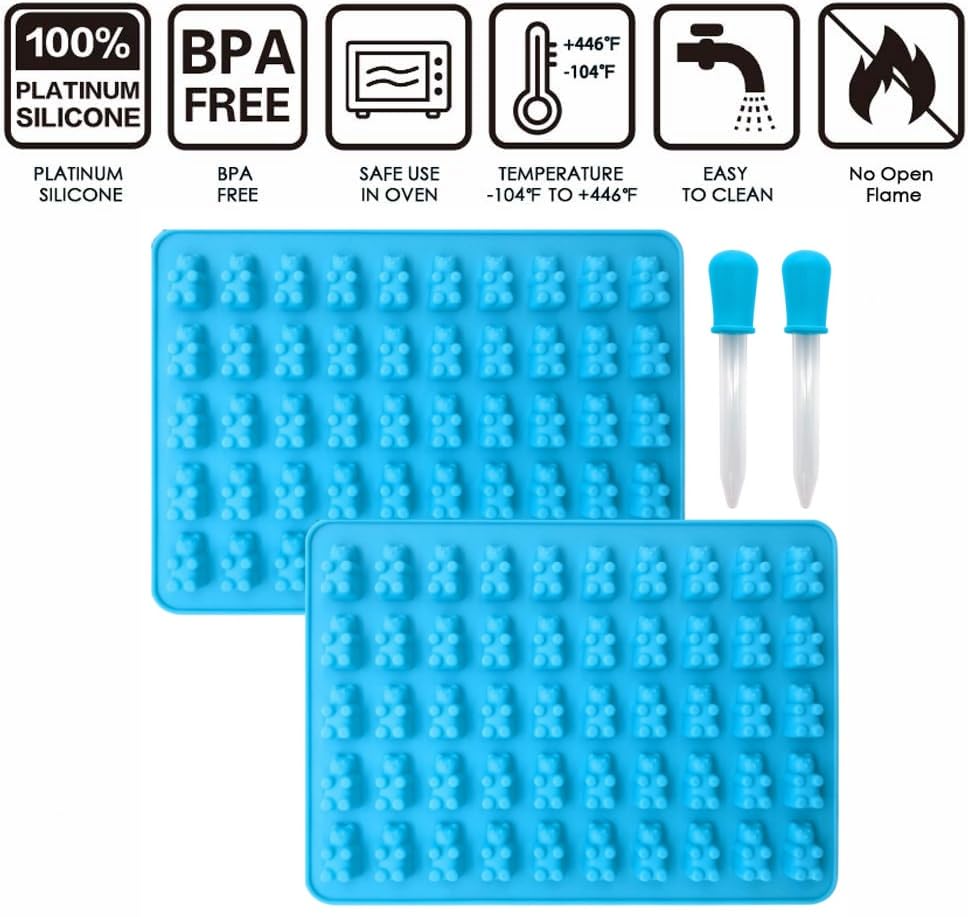 2 Piece Gummy Bear Silicone Molds, Non-Stick Chocolate Candy Mold with 2 Droppers Food Grade (Blue) - color: Blue