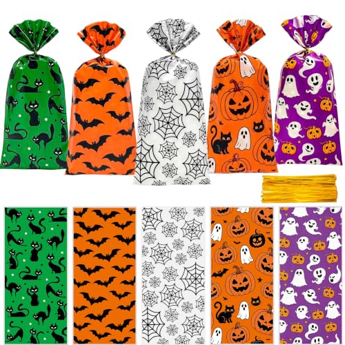 100 Pcs Halloween Treat Bags with 110 Gold Twist Ties - 5x11 Inches Halloween Cellophane Bags for Candies, Snacks, Party Favors & Gift Packaging, 2.8 Mil Thick Plastic Halloween Goodie Bags for Kids - color: Halloween 100pcs（5 Design）