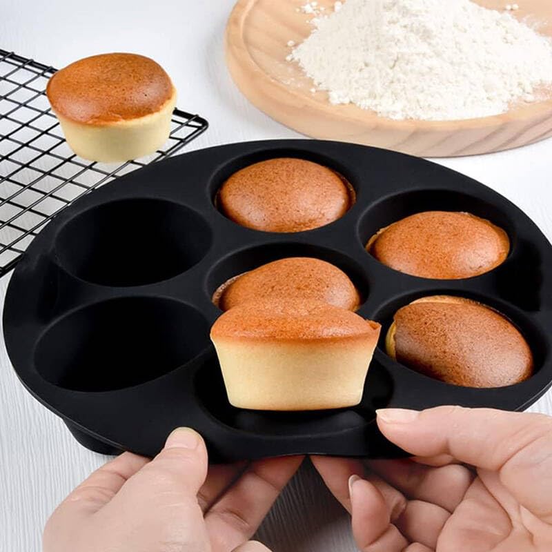 7 hole Non Stick Silicone Liners And Muffin Pan for Air Fryers - Reusable Baking Trays Easy to Release And Clean - color: Black