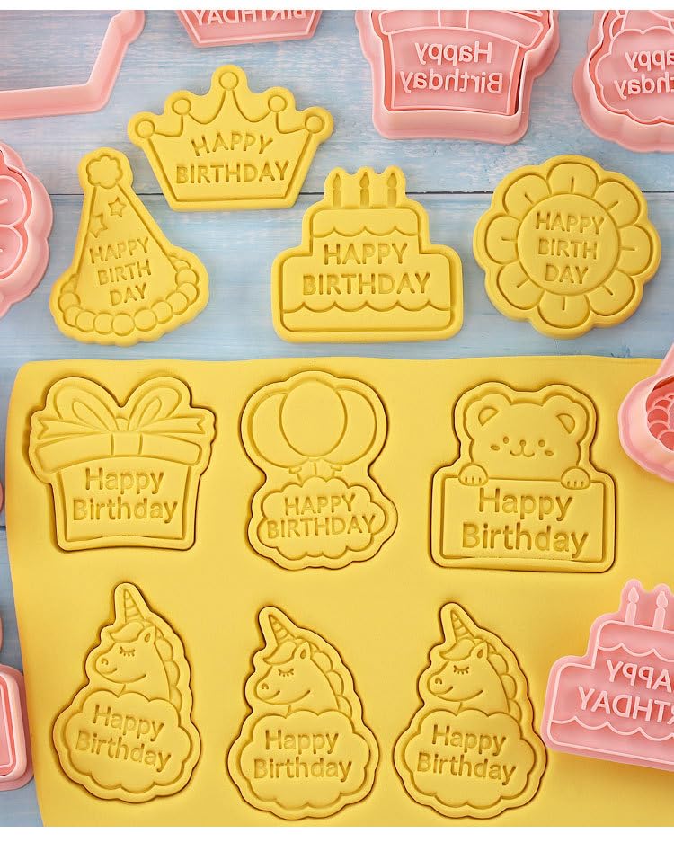 Happy Birthday Cookie Cutters,8pcs Biscuit Mould,Birthday Party Cookie Stamps Set,Kitchen Tools Plastic Cookie Press (Happy Birthday) - color: Happy Birthday