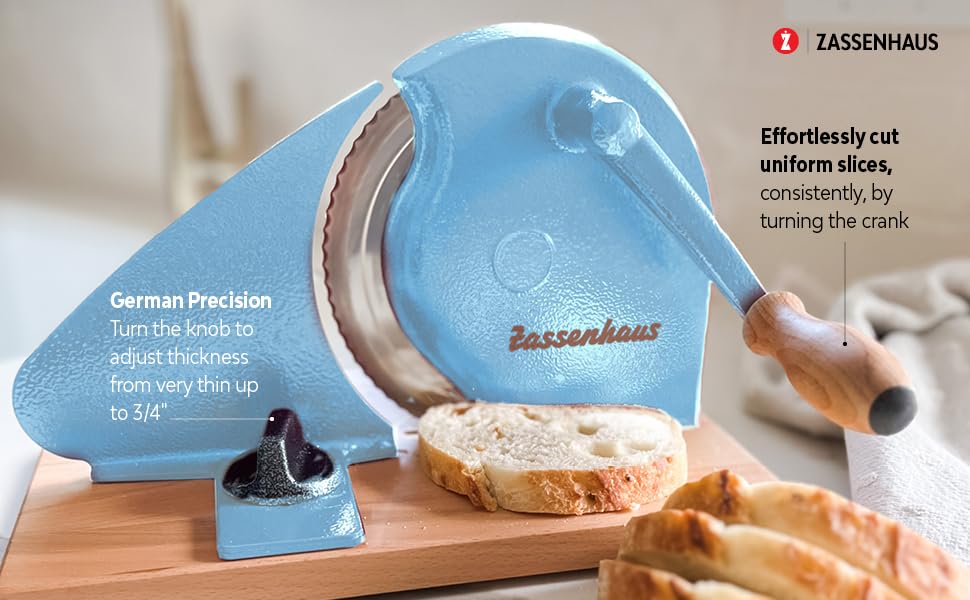 Zassenhaus Original Classic Adjustable Bread Slicer for Uniform Slices - Bread Slicer for Homemade Bread - 18/8 Stainless Steel Blade Sourdough Cutter -Pastel Blue, 11.75" x 8" - color: Pastel Blue, size: 11.75" x 8" x 4.7"