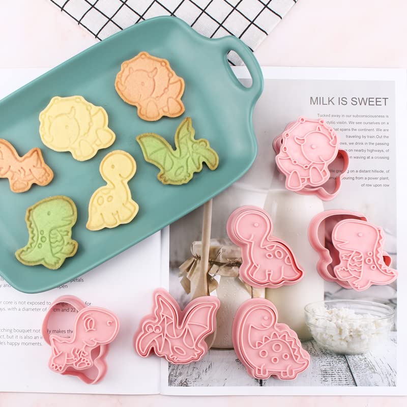 6 Pieces Cute Dino Cookie Cutters Cartoon Dinosaur Cookie Mould Cookie Stamps Set Kitchen Tools Plastic Dino Cookie Press (Dino 0209B) - color: Dino 0209B