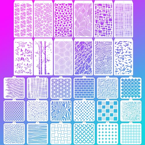 30 Pcs Abstract Layering Stencils for Painting, Reusable Mixed Media Stencils with Geometric Crackle Bubble Camo Splatter Tree Leaf Patterns, DIY Craft Templates for Walls Canvas Cards Airbrush Art