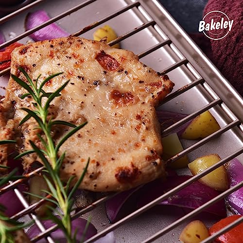 Roasting Pan with Rack, 11-Inch Non-Stick Square Shallow Dish Sheet Pan with Wire Rack for Oven Baking, BBQ and Roasting 11.2" x 11.2" x 1.3" (Champagne Gold) - size: 11 Inch