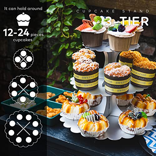 3-Tier Silver Matte Cupcake Stand 2 Pack, Cardboard Dessert Display for Weddings, Parties Events, Easy to Assemble Tiered Cake Stand - color: Silver 2 Pack