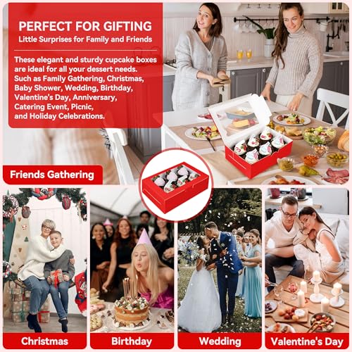 10-Set Cupcake Boxes Bulk with Clear Display Window Hold 6 Standard Cupcakes, Disposable Food Grade Red Cupcake Carrier Cupcake Container, Perfect for Cupcakes Muffins Cookies Pastries