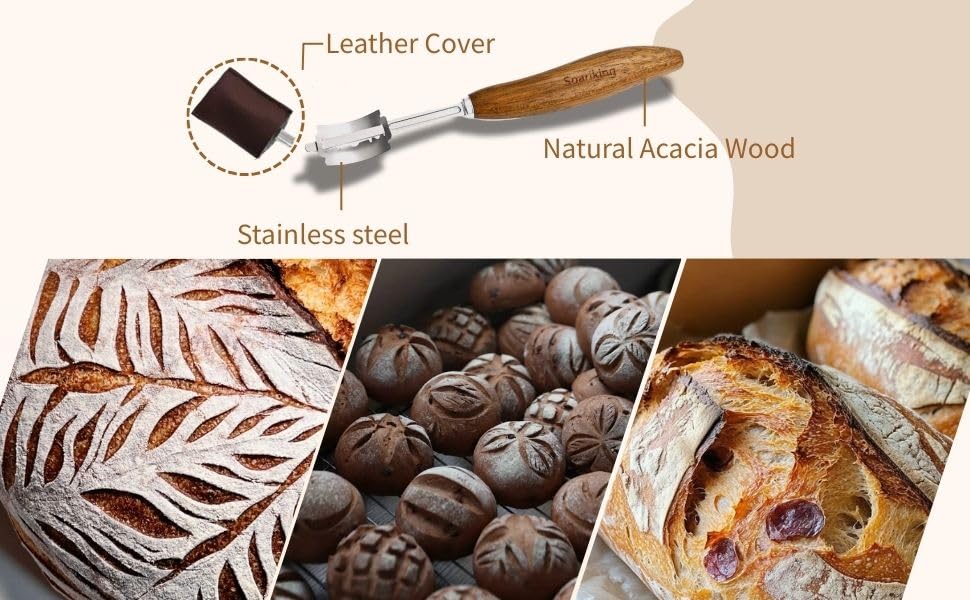 Rosewood Bread Lame for Sourdough Scoring, Ergonomic Curved Wood Handle Bread Slashing Tool with 304 Stainless Steel Stick, Includes Storage Box and 10 Replaceable Blades for Professional Bakers