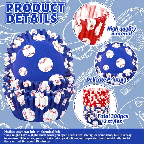 JarThenaAMCS 300Pcs Baseball Cupcake Liners Paper Baking Cups Blue Red Standard Muffin Cupcake Wrappers for Sports Fans Birthday Baby Shower Party Supplies - style: baseball