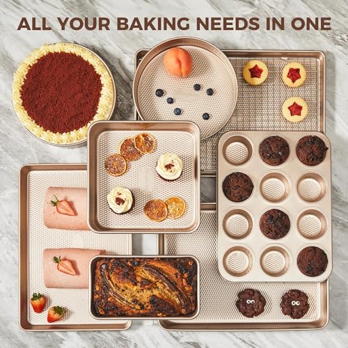 HONGBAKE 9-Piece Baking Pans Set Nonstick, Stackable Non Toxic Bakeware Sets with Diamond Texture, Oven Pan Set for Cooking, Includes Cookie Sheet with Rack, Cake Pan, Roasting Pan, Muffin Tin, Gold - color: Champagne Gold