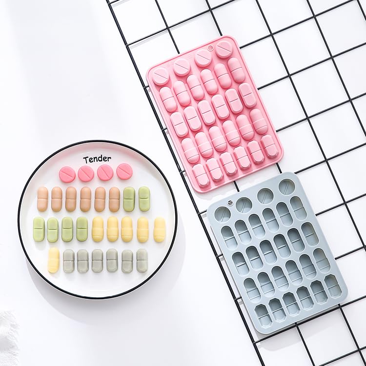2 Pcs Silicone Molds for Pills, 28 Cavity Capsule Shaped Molds Trays for DIY Chocolate, Candy, Ice Cube, Gummy, Jello, Jelly, Cupcake Decorations, Candles, Soaps