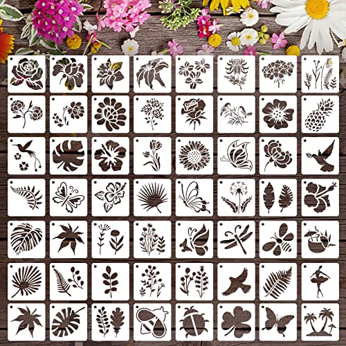 Augshy 56 Pack Flower Stencils for Painting, Butterfly and Bird, 3 Inch - style: Flowering Plants