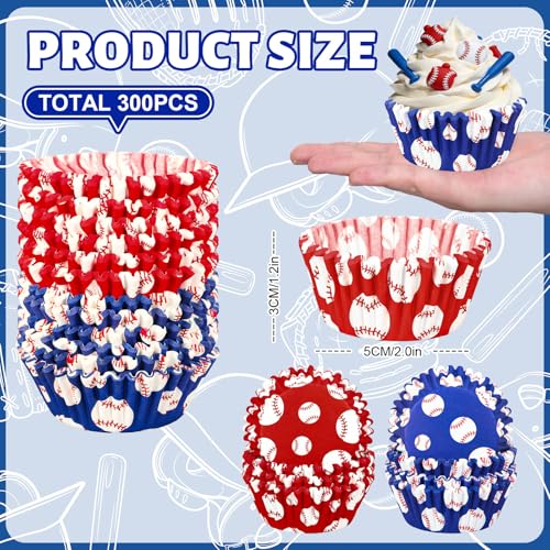 JarThenaAMCS 300Pcs Baseball Cupcake Liners Paper Baking Cups Blue Red Standard Muffin Cupcake Wrappers for Sports Fans Birthday Baby Shower Party Supplies - style: baseball