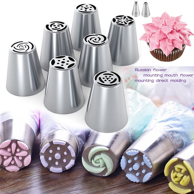 Russian Piping Tips Set with 7 Flower Icing Tips & 2 Leaf Pastry Tips Nozzles for Frosting Cookie Cupcake Cake Decorating - color: Type G